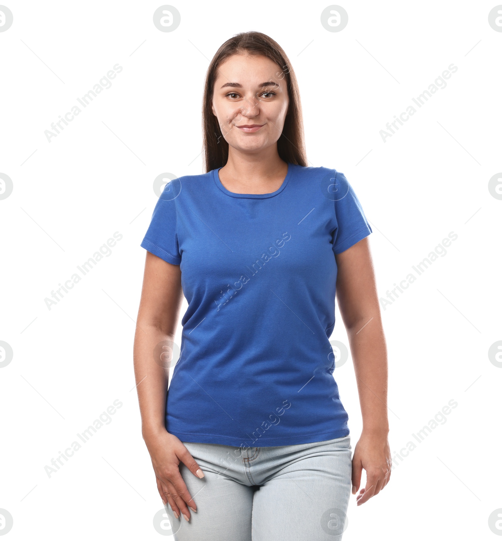 Photo of Woman in blue t-shirt on white background. Mockup for design