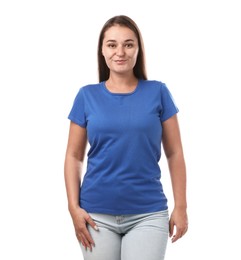 Photo of Woman in blue t-shirt on white background. Mockup for design