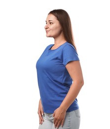 Photo of Woman in blue t-shirt on white background. Mockup for design
