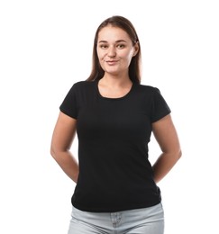 Photo of Woman in black t-shirt on white background. Mockup for design