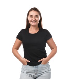 Photo of Smiling woman in black t-shirt on white background. Mockup for design