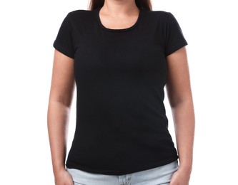 Photo of Woman in black t-shirt on white background, closeup. Mockup for design
