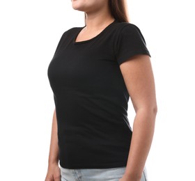 Photo of Woman in black t-shirt on white background, closeup. Mockup for design