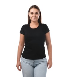Photo of Woman in black t-shirt on white background. Mockup for design