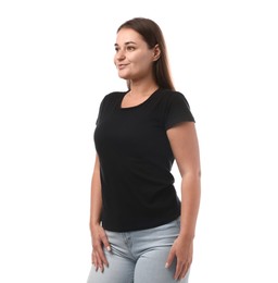 Photo of Woman in black t-shirt on white background. Mockup for design