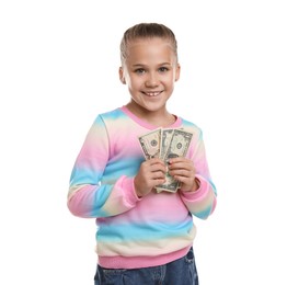 Photo of Little girl with pocket money on white background