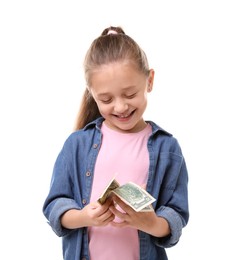 Photo of Little girl with pocket money on white background
