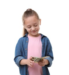 Photo of Little girl with pocket money on white background
