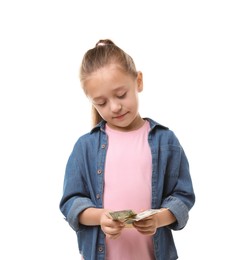 Photo of Little girl with pocket money on white background