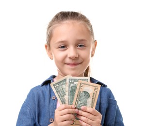 Photo of Little girl with pocket money on white background