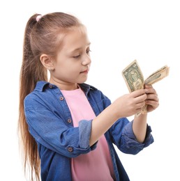 Photo of Little girl with pocket money on white background