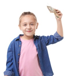 Photo of Little girl with pocket money on white background