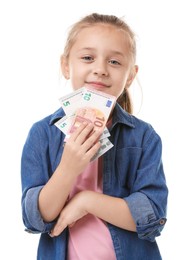 Photo of Little girl with pocket money on white background