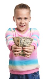 Photo of Little girl with pocket money on white background
