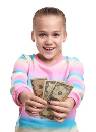 Photo of Little girl with pocket money on white background