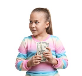 Photo of Little girl with pocket money on white background
