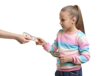 Photo of Mother giving her daughter pocket money on white background, closeup