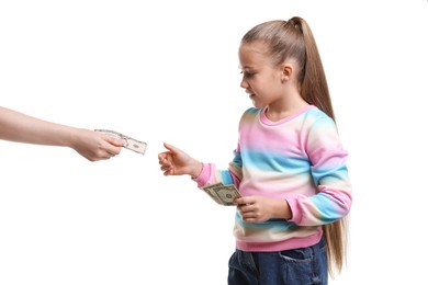 Photo of Mother giving her daughter pocket money on white background, closeup