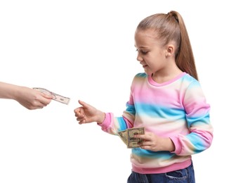 Photo of Mother giving her daughter pocket money on white background, closeup
