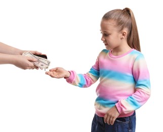 Photo of Mother giving her daughter pocket money on white background, closeup
