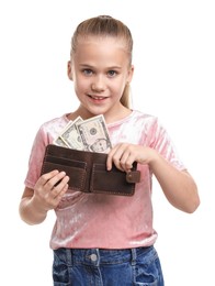Photo of Little girl with pocket money on white background
