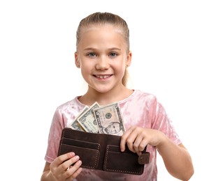 Photo of Little girl with pocket money on white background