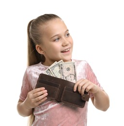 Photo of Little girl with pocket money on white background