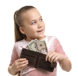 Photo of Little girl with pocket money on white background