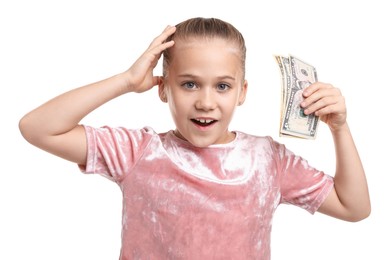 Photo of Little girl with pocket money on white background