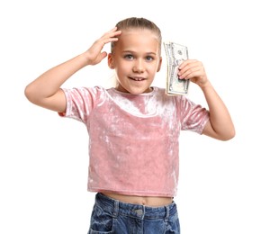 Photo of Little girl with pocket money on white background