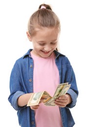 Photo of Little girl with pocket money on white background