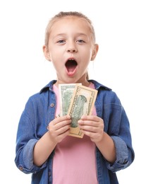 Photo of Little girl with pocket money on white background