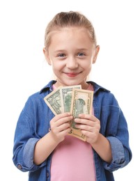 Photo of Little girl with pocket money on white background