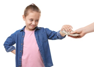 Photo of Mother giving her daughter pocket money on white background, closeup