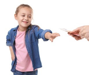 Photo of Mother giving her daughter pocket money on white background, closeup