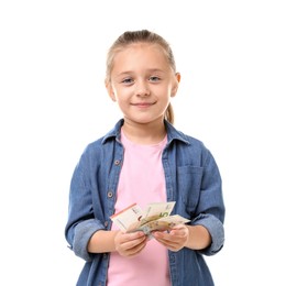 Photo of Little girl with pocket money on white background