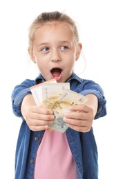 Photo of Little girl with pocket money on white background