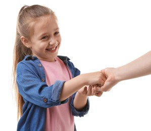 Photo of Mother giving her daughter pocket money on white background, closeup