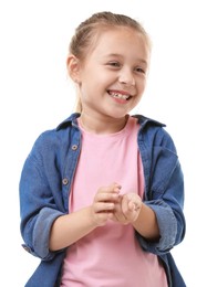 Photo of Little girl with pocket money on white background