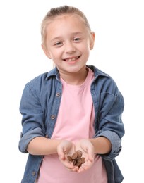 Photo of Little girl with pocket money on white background