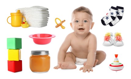 Image of Cute little baby, accessories, clothes, food and toy on white background, collage