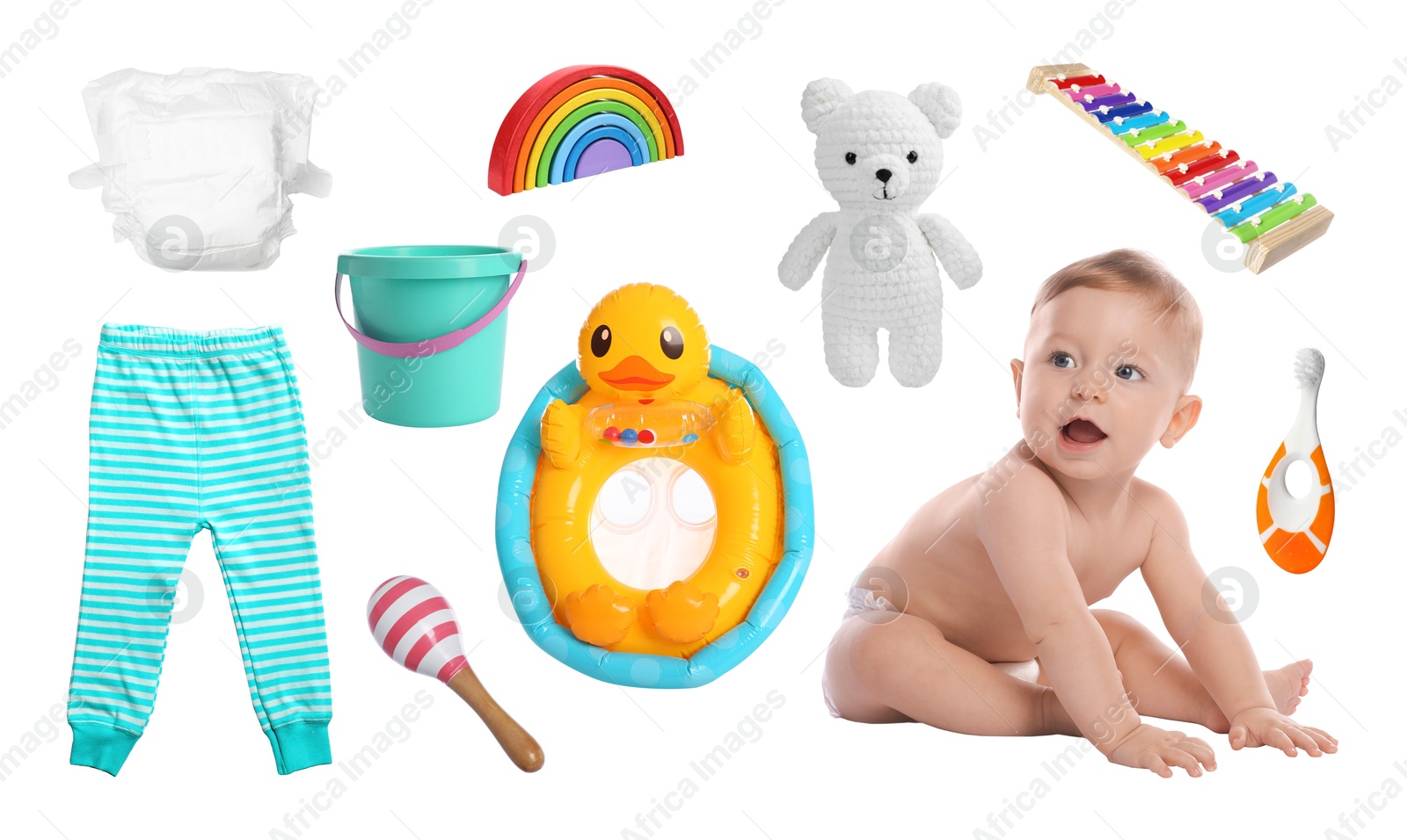 Image of Cute little baby, accessories, clothes and toys on white background, collage