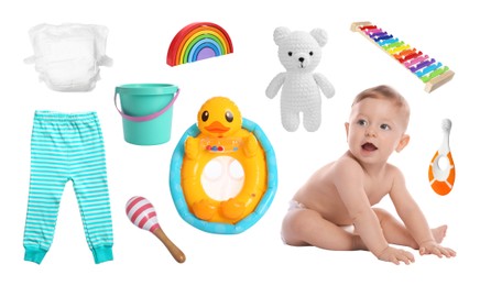 Image of Cute little baby, accessories, clothes and toys on white background, collage
