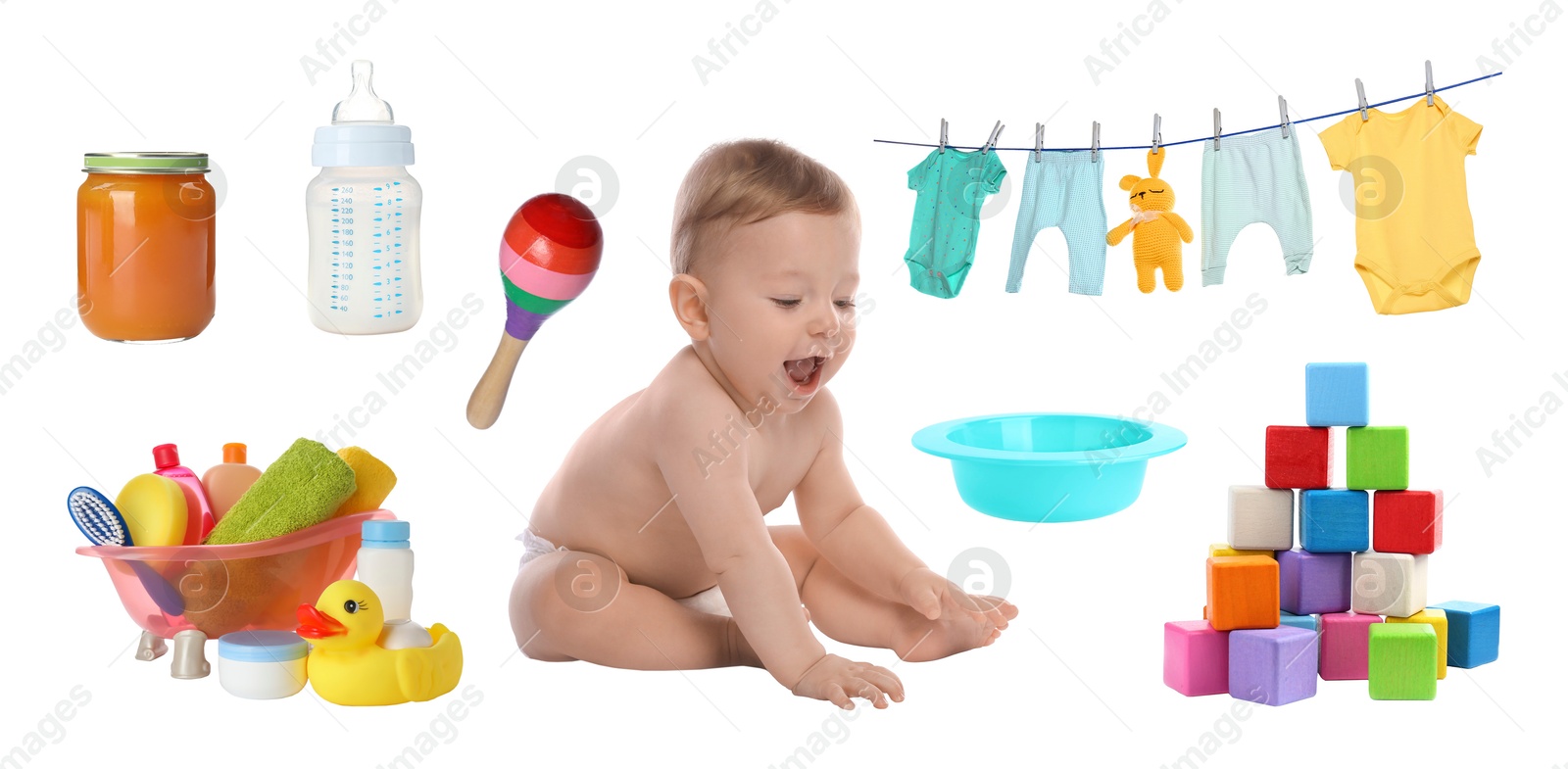 Image of Cute little baby, accessories, clothes, food and toys on white background, collage
