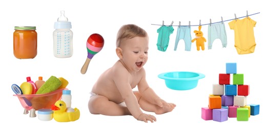 Image of Cute little baby, accessories, clothes, food and toys on white background, collage