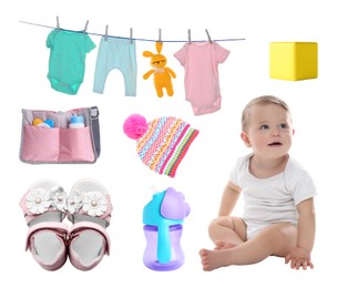 Image of Cute little baby, accessories, clothes, and toy on white background, collage