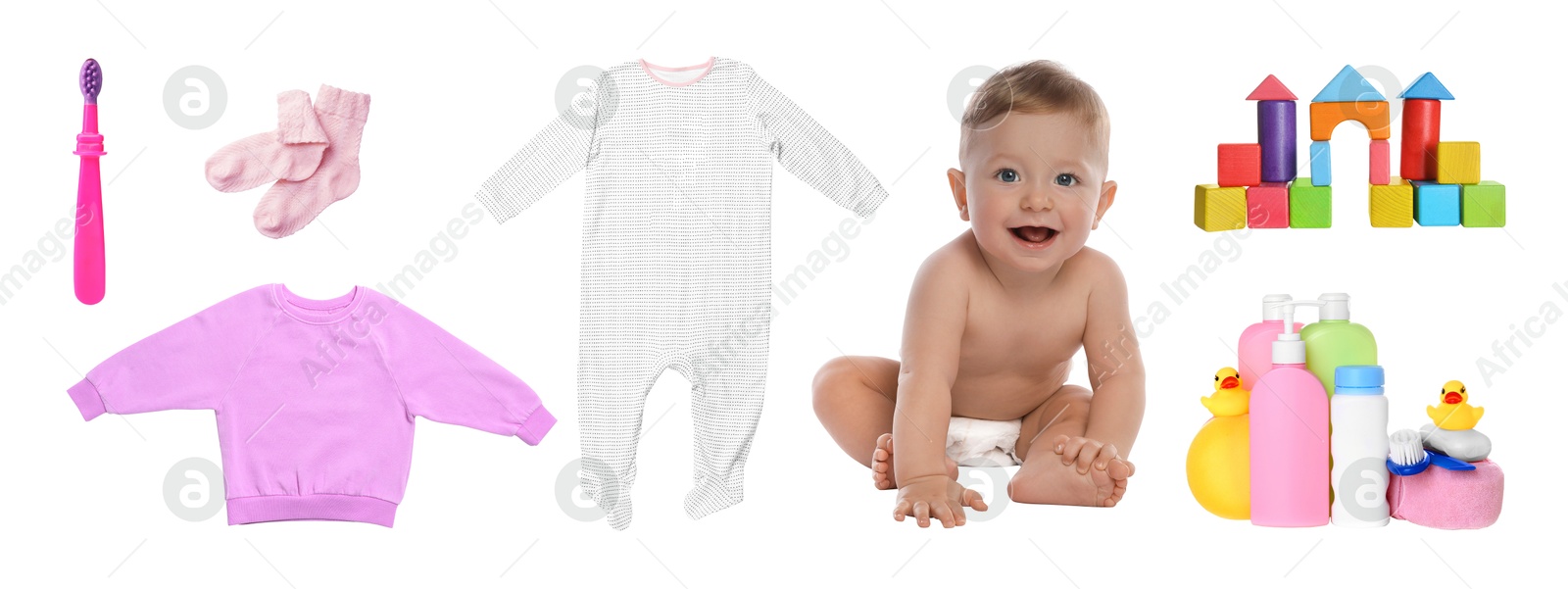 Image of Cute little baby, accessories, clothes and toys on white background, collage