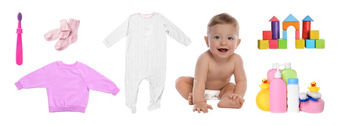 Image of Cute little baby, accessories, clothes and toys on white background, collage