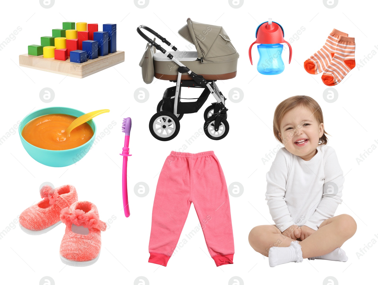 Image of Cute little baby, accessories, clothes, food and toy on white background, collage