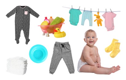 Image of Cute little baby, accessories, clothes and toys on white background, collage